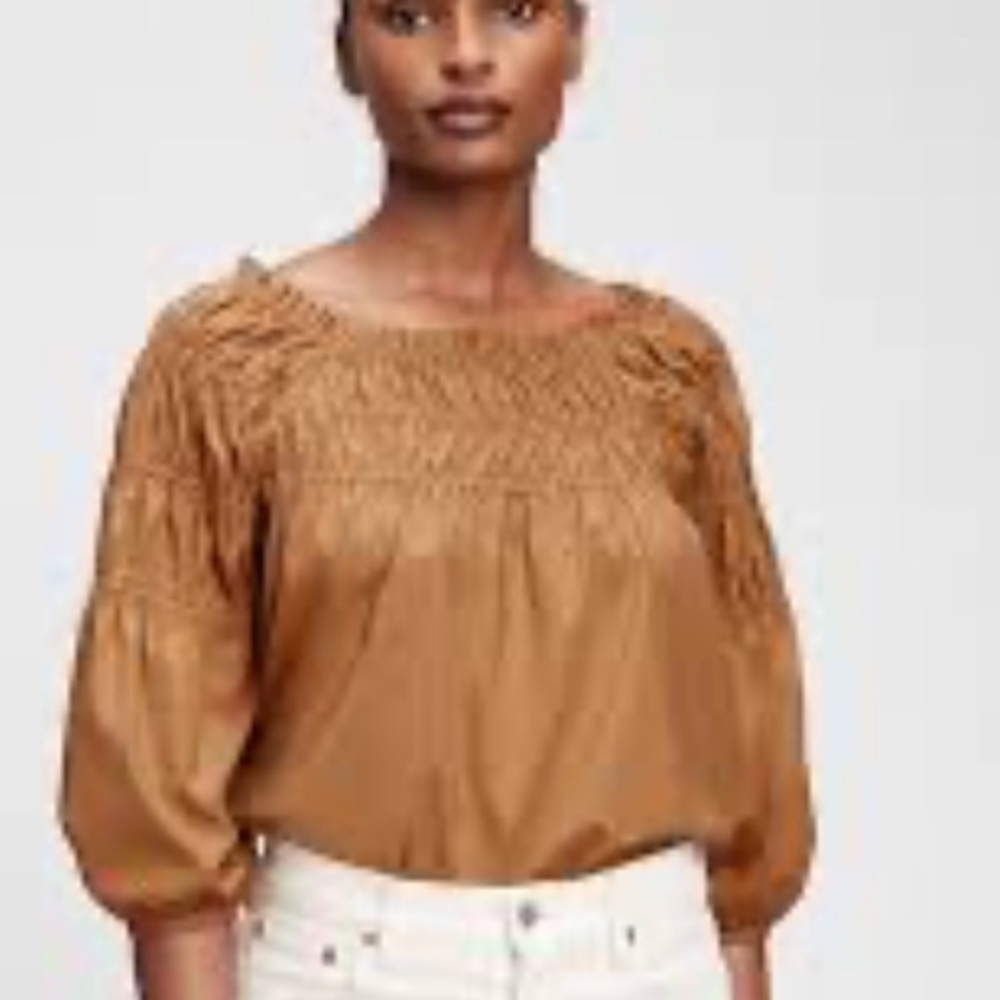 🍁🐠GAP Off-Shoulder Ruched Top XS | Deep Camel | Scandi-Girl Fall Staple